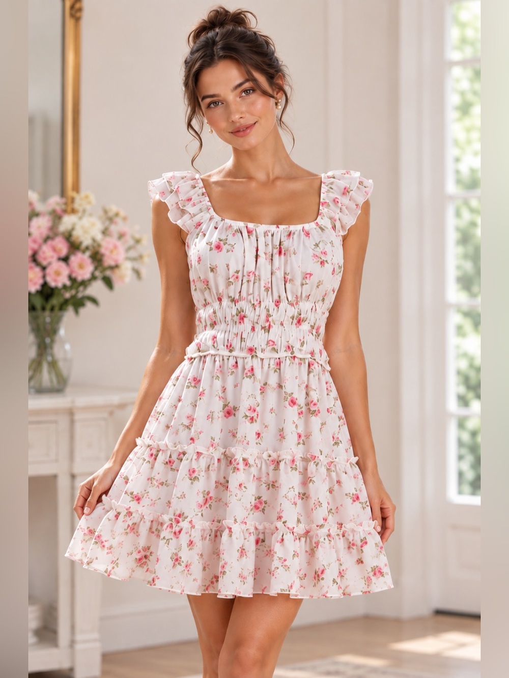 Rachel Parcell XS White Pink Rose Floral Ruffle Tiered Cottagecore Dress
